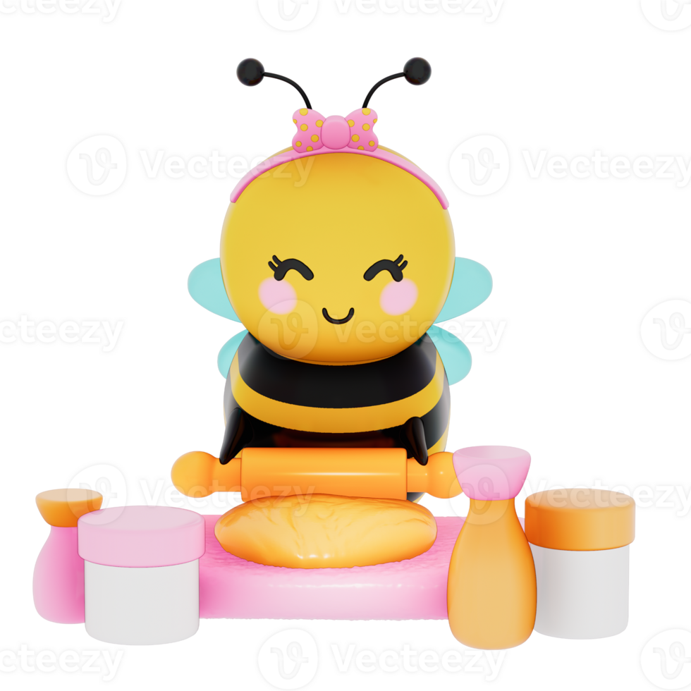 Happy Mother's day , Mom bee baking , rolling out dough with a rolling pin on transparent background, 3D Rendering png