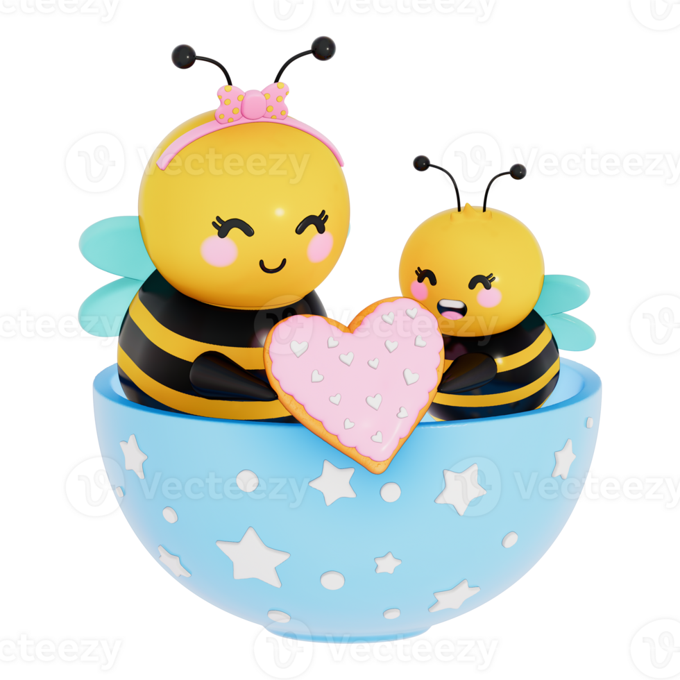 Happy Mother's day , Mom and baby bee family baking , heart-shaped cookies on transparent background, 3D Rendering png