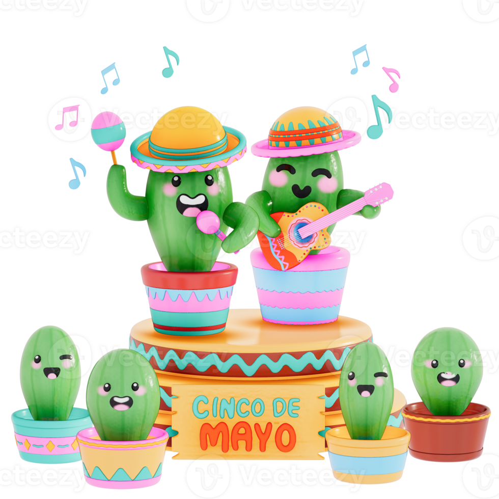 Cinco De Mayo , Cute Cactus on a mini stage on transparent background , 3D Rendering png