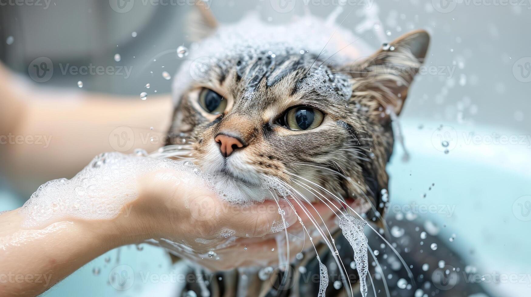 AI generated Funny wet cat gets a bath from a girl, a playful scene filled with feline antics, Ai Generated. photo