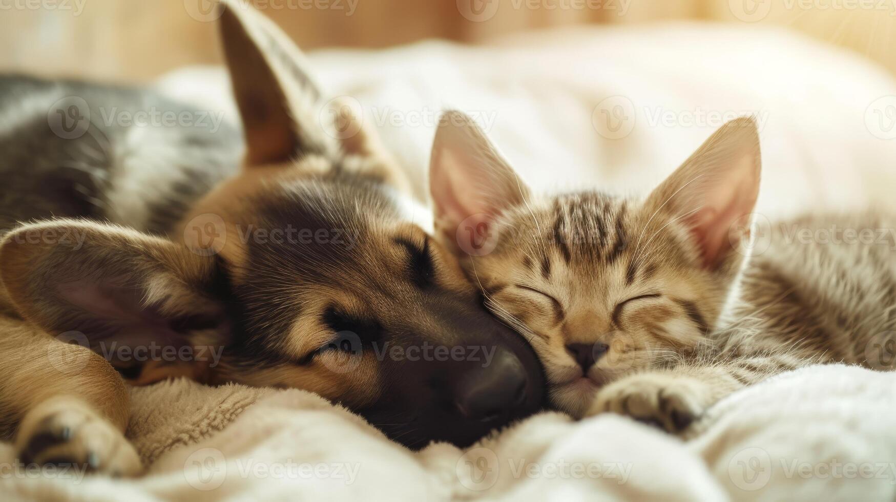 AI generated Cat and dog sleep peacefully, puppy and kitten nap together, embodying adorable harmony, Ai Generated photo
