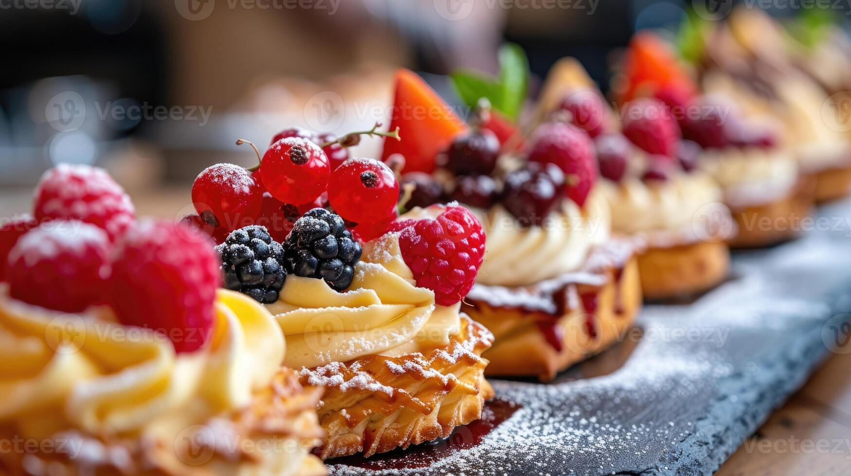 AI generated Array of pastries adorned with diverse toppings, crowned with luscious berries, Ai Generated. photo