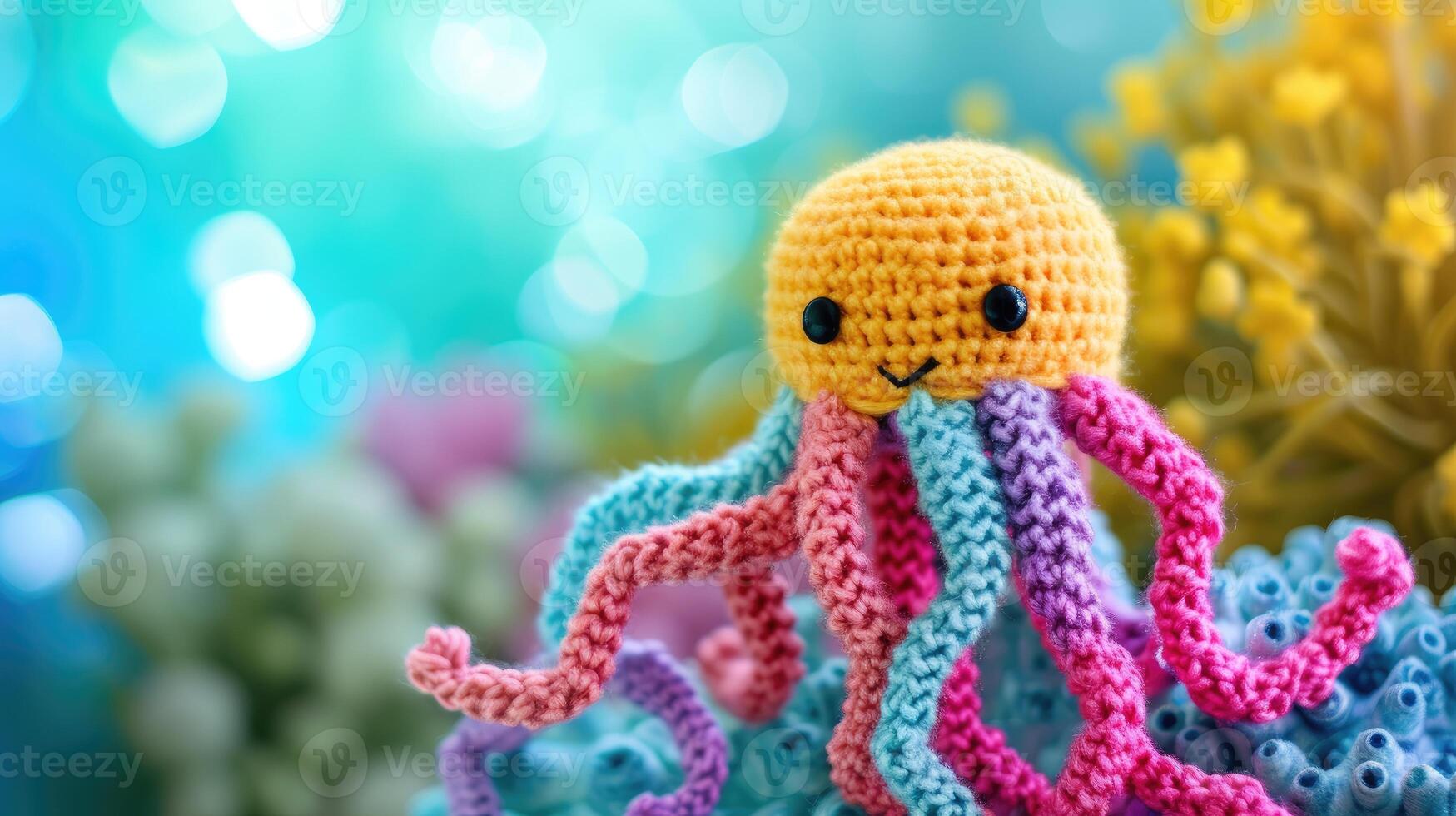 AI generated Crocheted jellyfish toy vibrant backdrop, handcrafted and adorable, Ai Generated photo