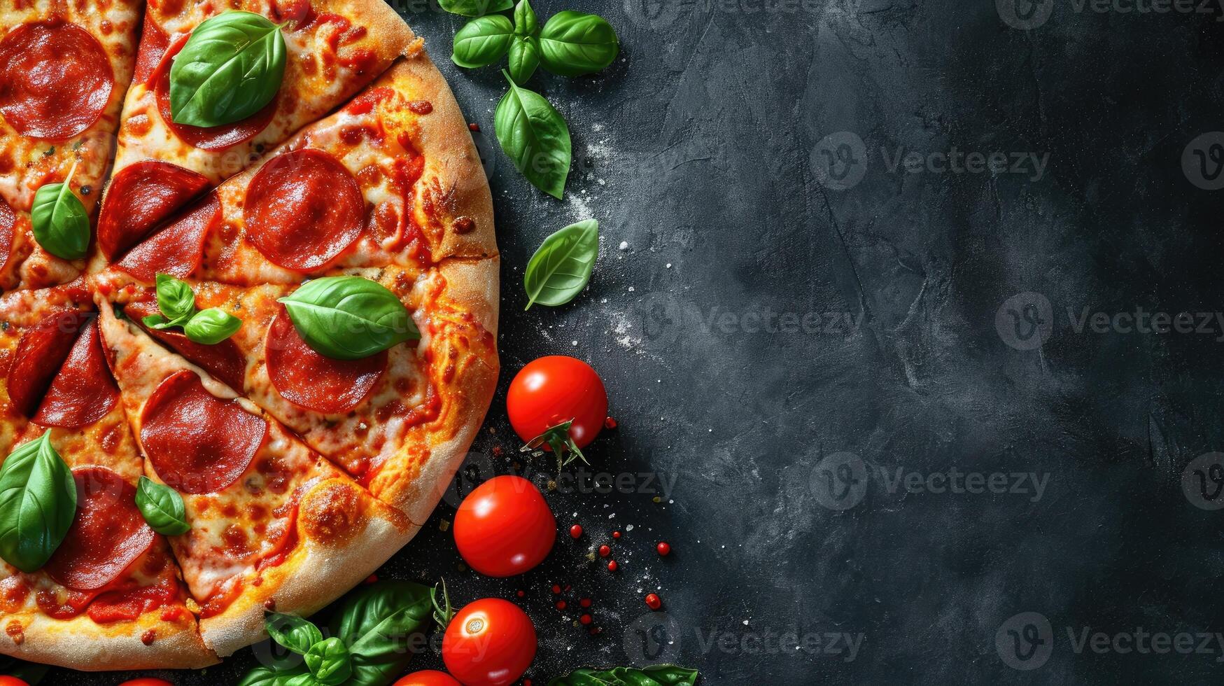 AI generated Tasty pepperoni pizza and cooking ingredients, tomatoes, basil, on a black concrete background, Ai Generated. photo
