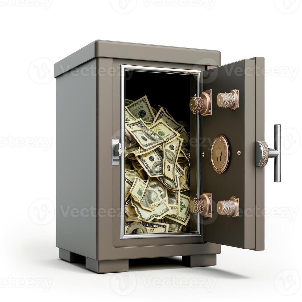 AI generated Unlocked safe with combination lock and cash inside, isolated on white background, Ai Generated. photo