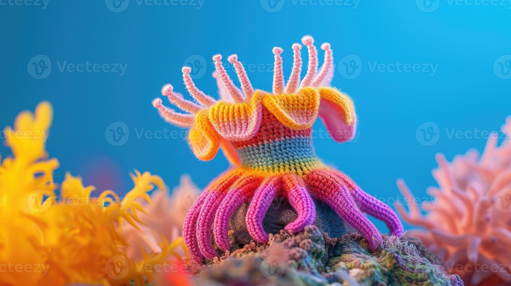 AI generated Crocheted sea anemone toy vibrant backdrop, handcrafted and adorable, Ai Generated photo