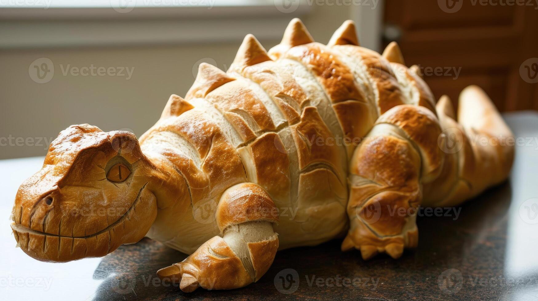 ai generado único un pan pan parecido a un dinosaurio descansando en un de madera mesa, ai generado foto