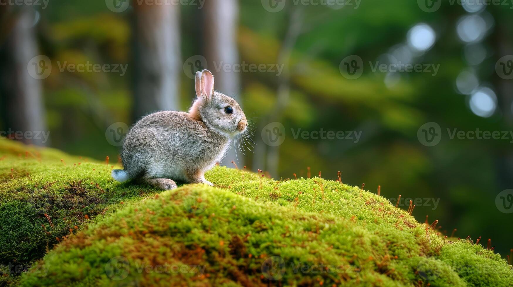 AI generated Rabbit stands on a moss-covered rock, its furry coat contrasting with the lush greenery, Ai Generated. photo