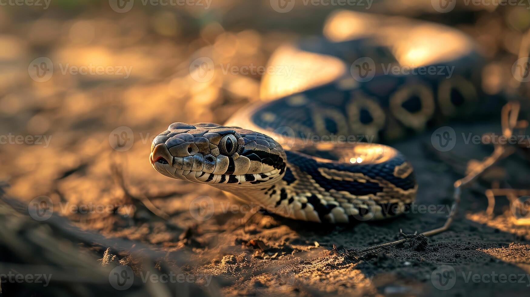 AI generated Serpentine snake slithers gracefully on the ground, its sinuous movements mesmerizing, Ai Generated. photo