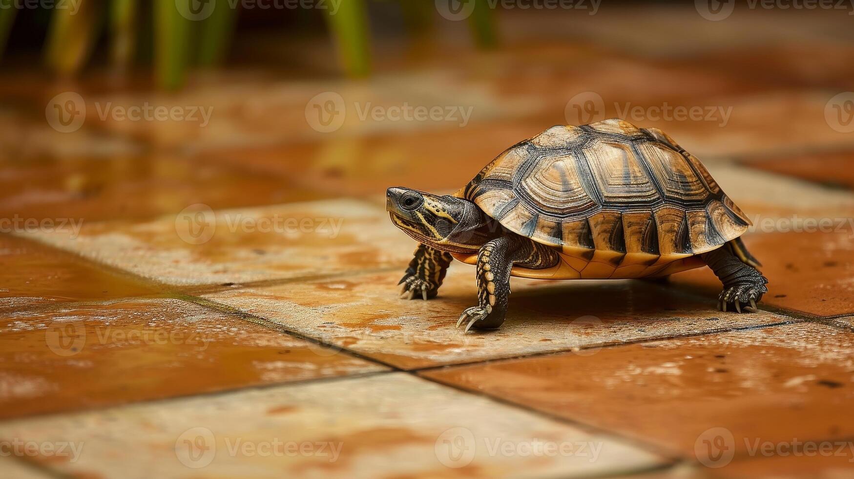 AI generated Small turtle ambles across a tile floor, its shell glinting in the ambient light, Ai Generated. photo