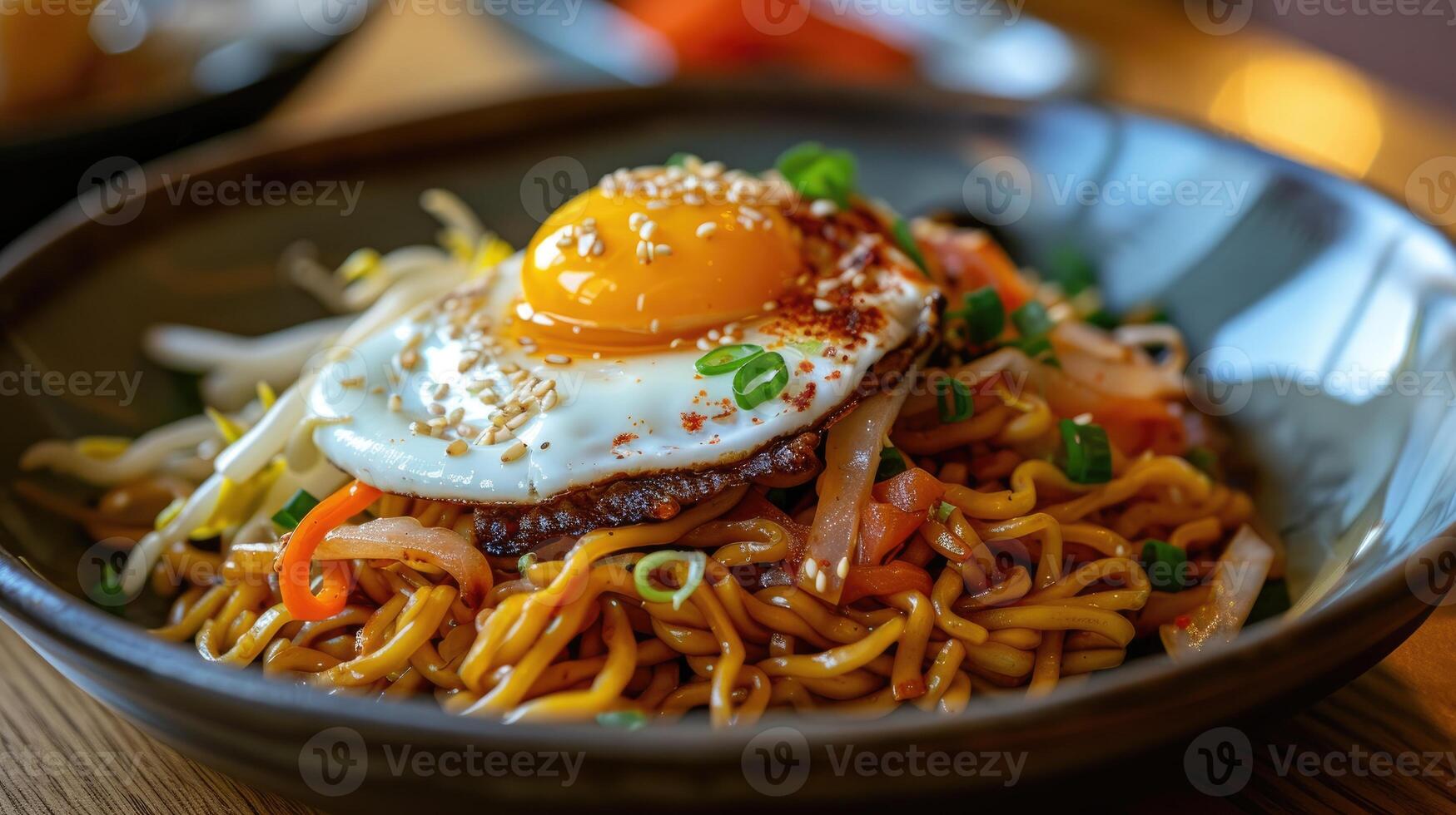 AI generated Savory noodles crowned with a perfectly cooked egg, Ai Generated. photo