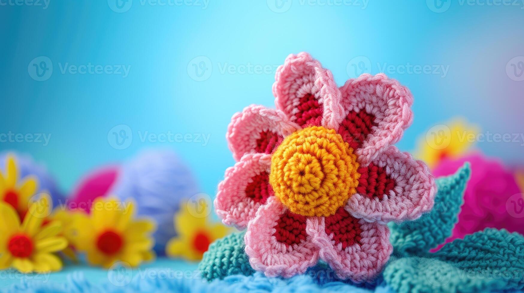 AI generated Crocheted flower toy vibrant backdrop, handcrafted and adorable, Ai Generated photo