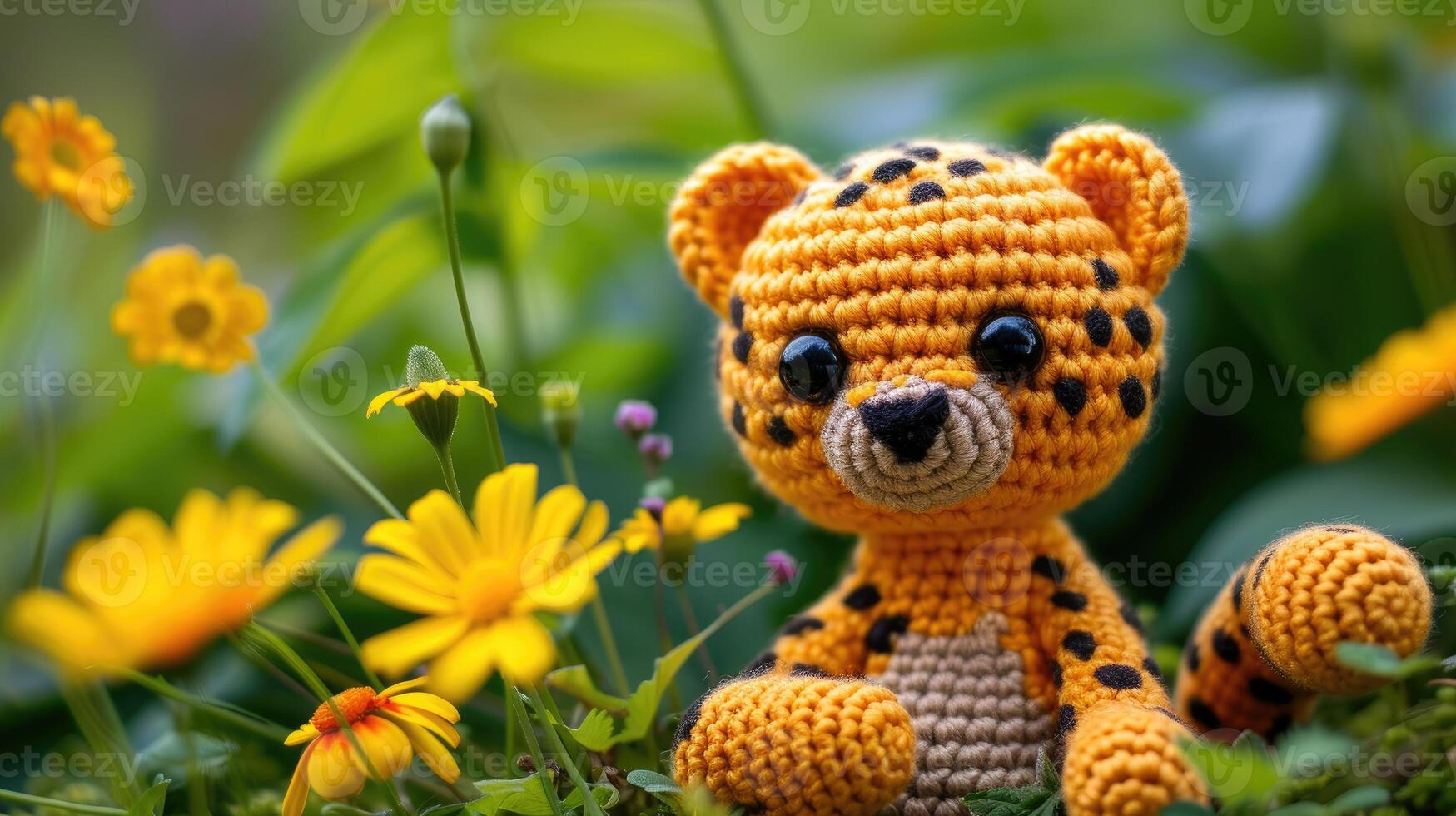 AI generated Crocheted cheetah toy vibrant backdrop, handcrafted and adorable, Ai Generated photo