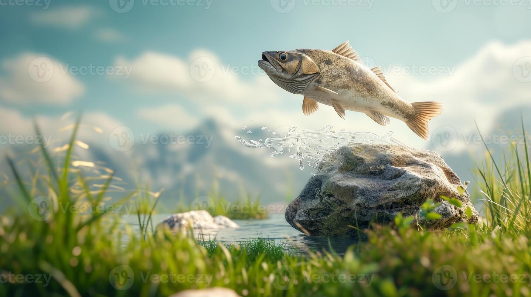 AI generated Surreal scene unfolds as a fish floats in the air above a rock amidst grass, Ai Generated. photo