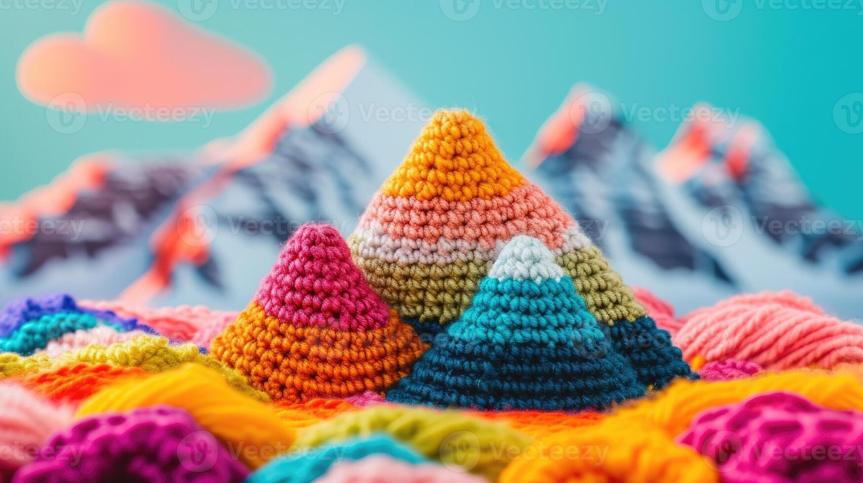 AI generated Crocheted mountain toy vibrant backdrop, handcrafted and adorable, Ai Generated photo