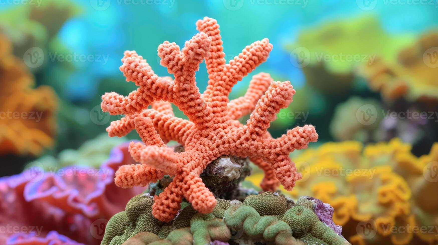 ai generado tejido a ganchillo coral juguete vibrante fondo, hecho a mano y adorable, ai generado foto