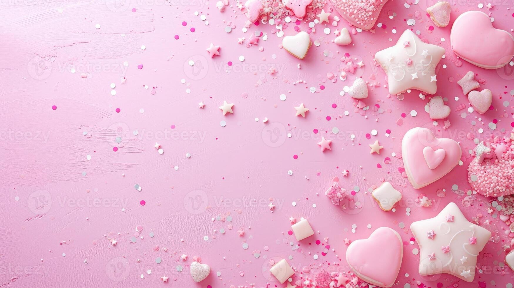 AI generated Pink with hearts, stars, and copy space, perfect for romantic expressions, Ai Generated. photo