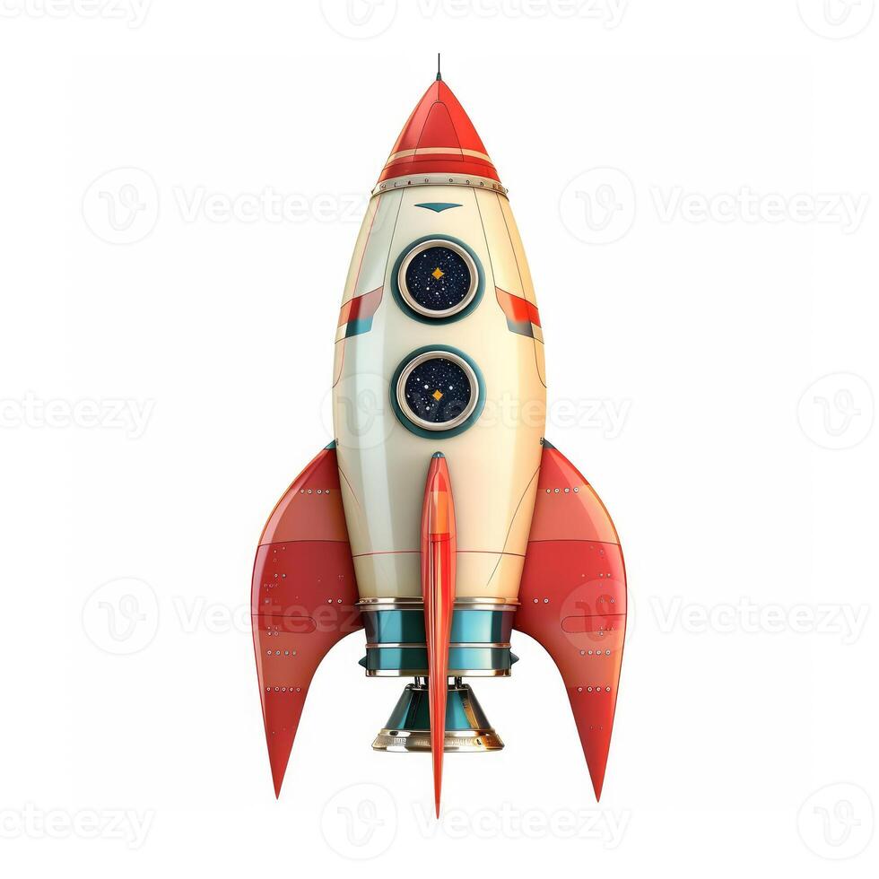 AI generated Futuristic space age rocket stands alone on a white background, an emblem of innovation, Ai Generated. photo