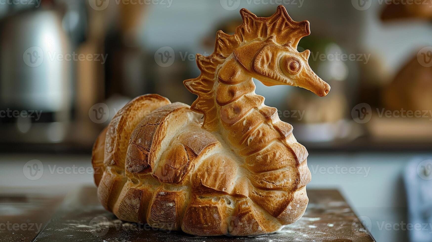 AI generated Unique bread loaf resembling an sea horse resting on a wooden table, Ai Generated photo