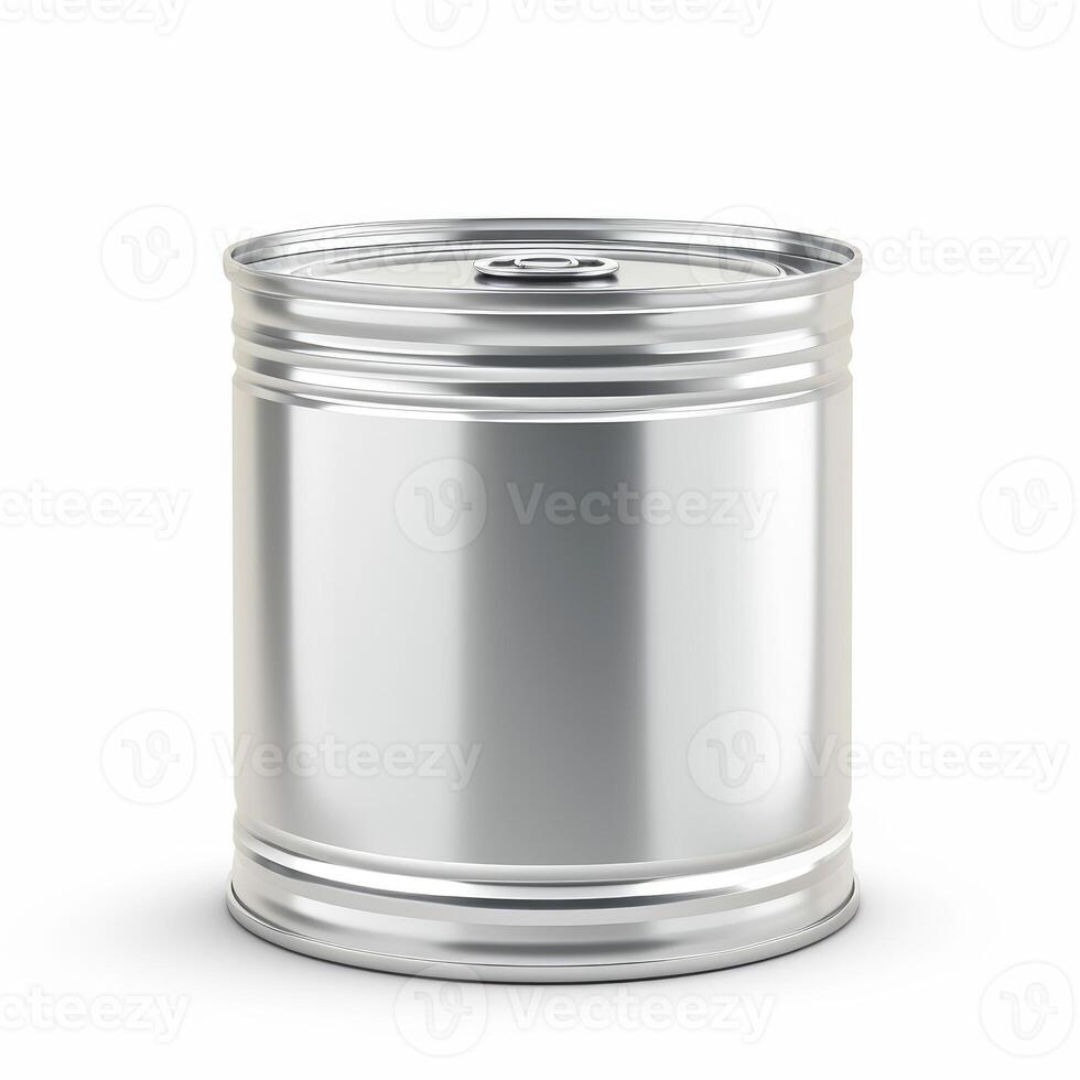 AI generated Modern metal tin can for packaged goods and food isolated on a white background, Ai Generated. photo