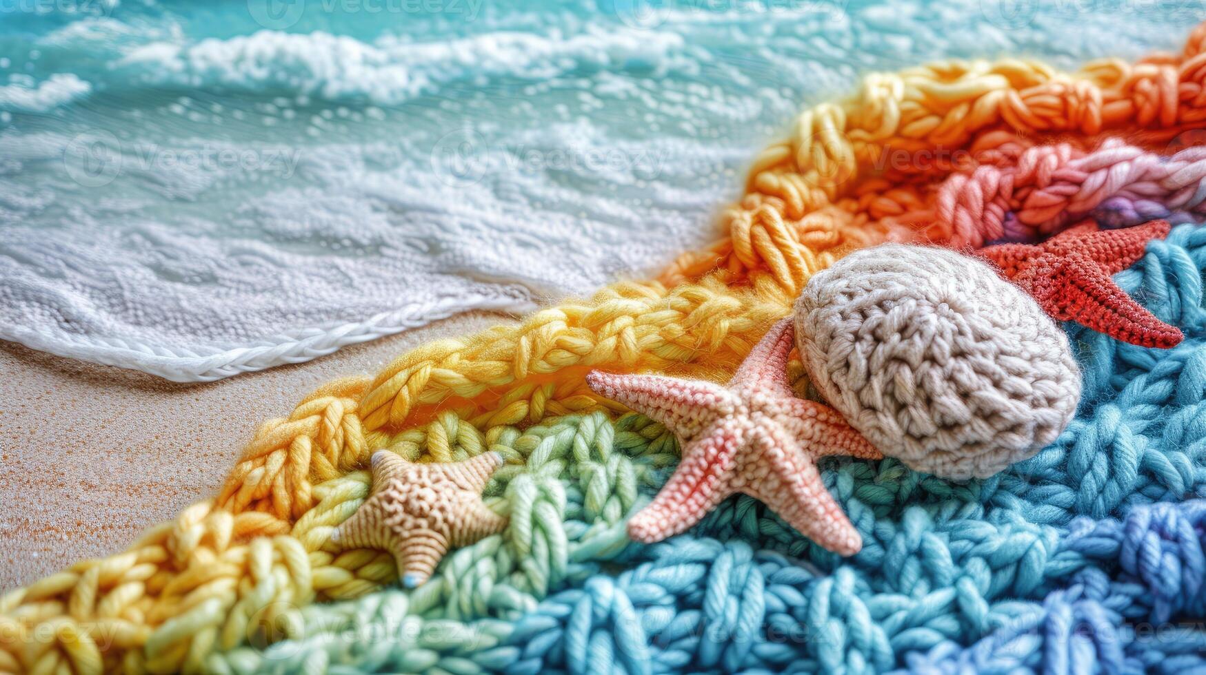 AI generated Crocheted beach toy, vibrant backdrop, handcrafted and adorable, Ai Generated photo