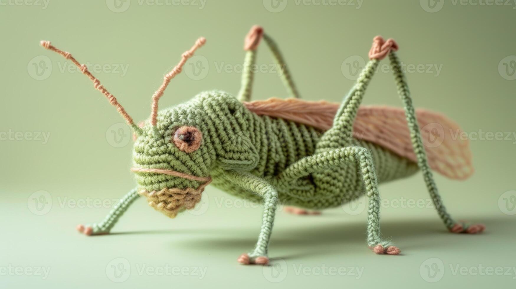 AI generated Crocheted grasshopper toy vibrant backdrop, handcrafted and adorable, Ai Generated photo