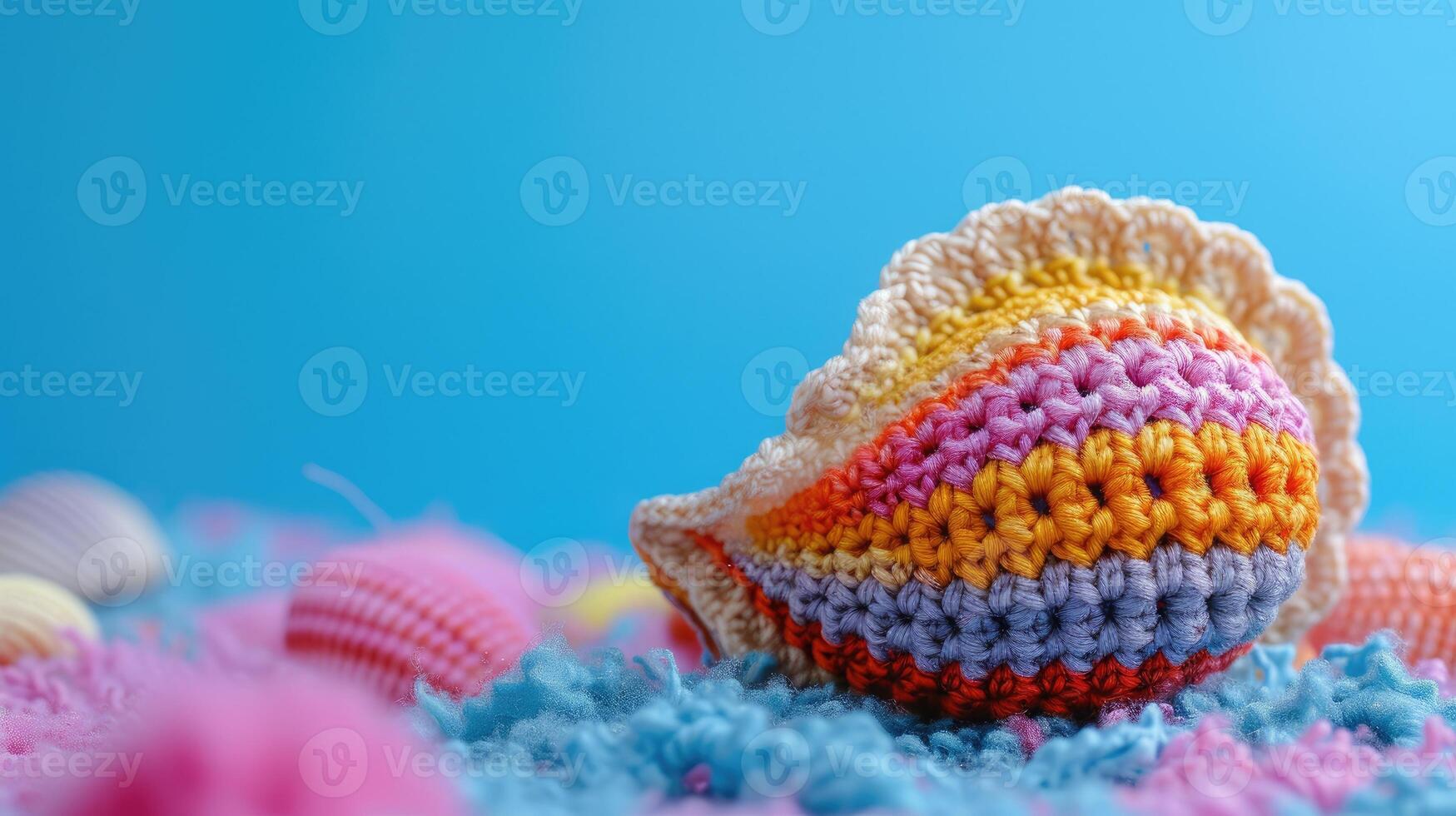 AI generated Crocheted cockle toy vibrant backdrop, handcrafted and adorable, Ai Generated photo