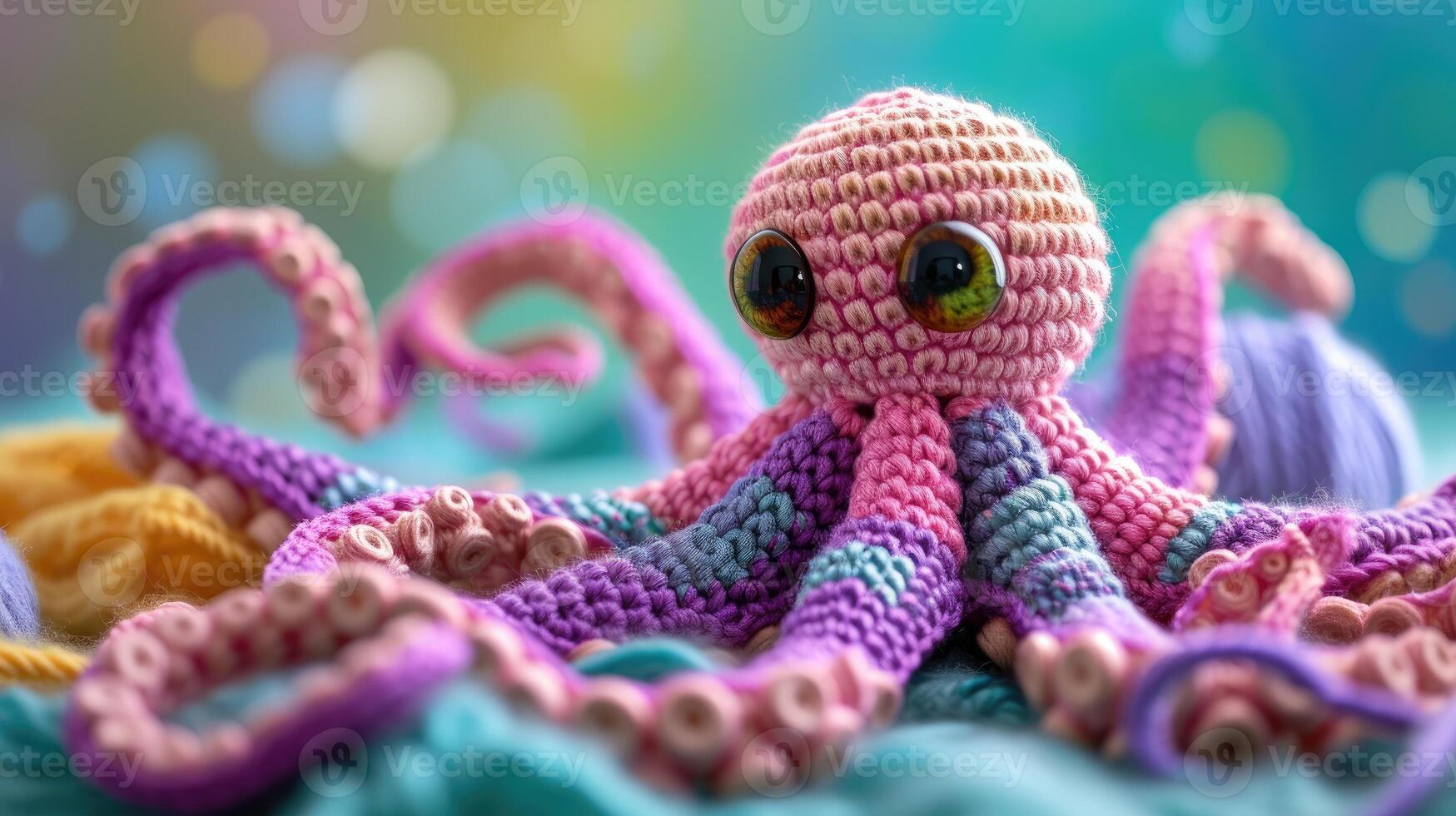 AI generated Crocheted octopus toy vibrant backdrop, handcrafted and adorable, Ai Generated photo