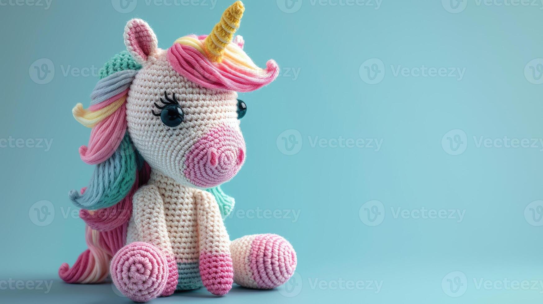 AI generated Crocheted unicorn toy vibrant backdrop, handcrafted and adorable, Ai Generated photo