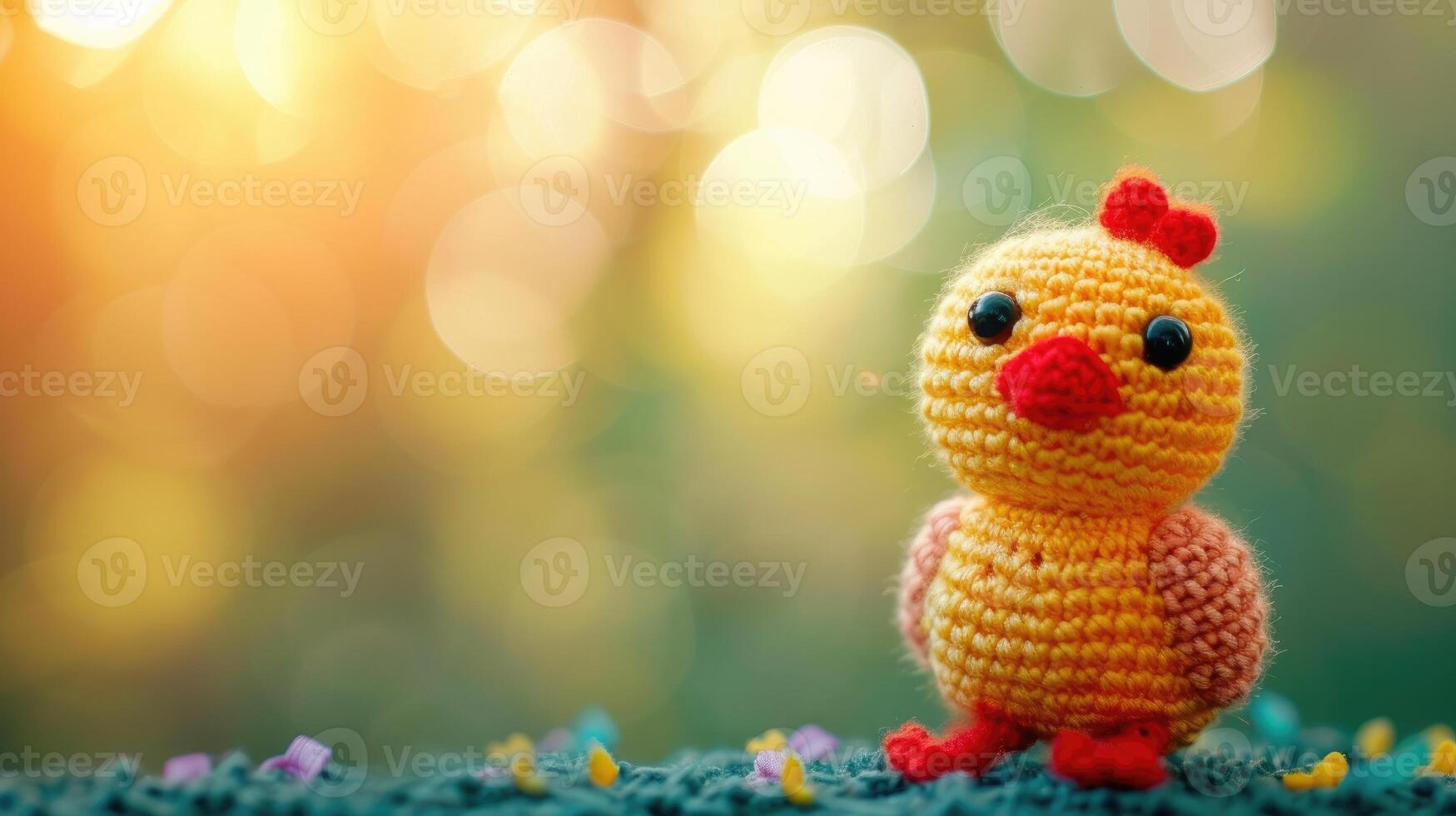 AI generated Crocheted chicken toy vibrant backdrop, handcrafted and adorable, Ai Generated photo