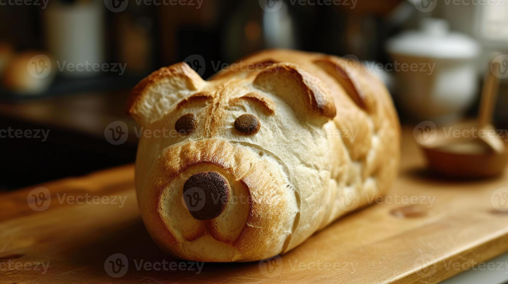 AI generated Unique bread loaf resembling an dog resting on a wooden table, Ai Generated photo