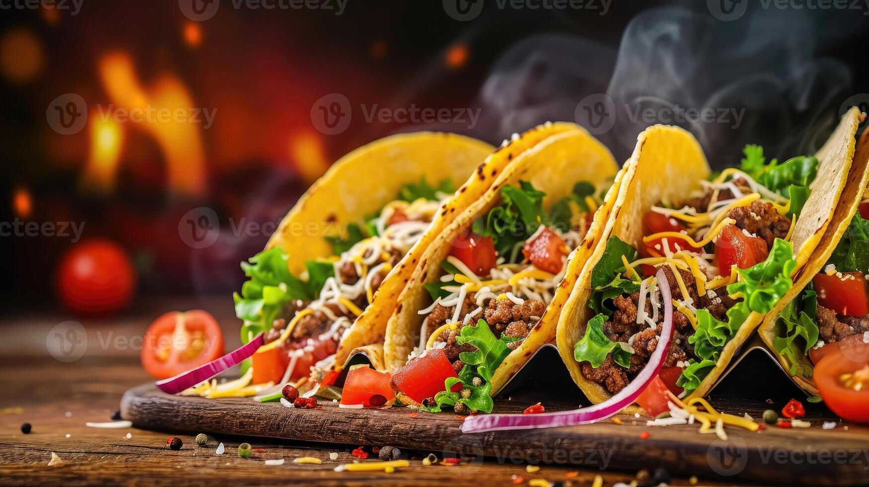 ai generado tratar tu gusto brotes a el delicioso armonía de sabores en estos carne de vaca tacos, un culinario deleitar, ai generado. foto