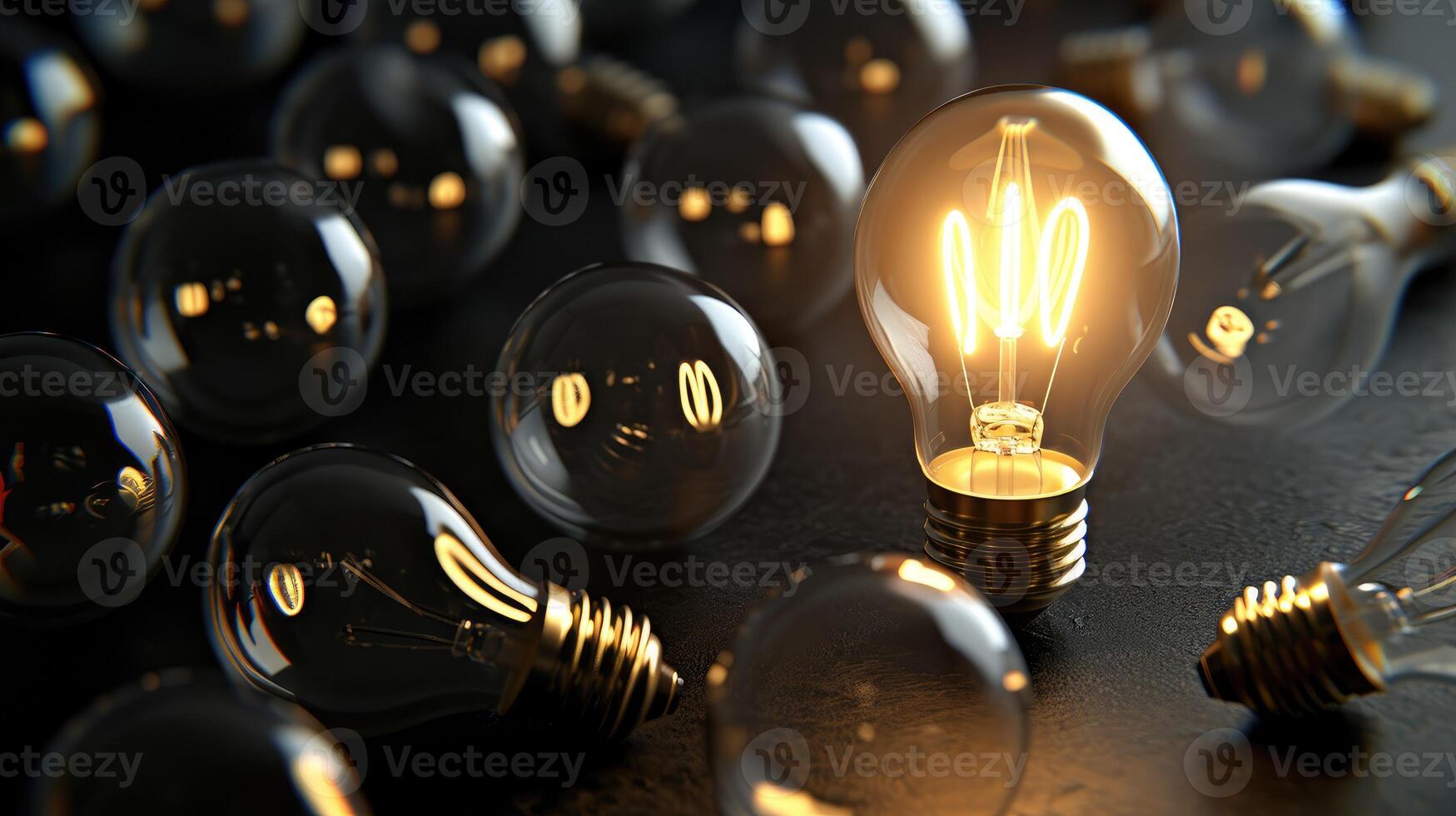 AI generated A 3D render of a shining light bulb standing next to extinguished ones, symbolizing a brilliant idea, Ai Generated photo