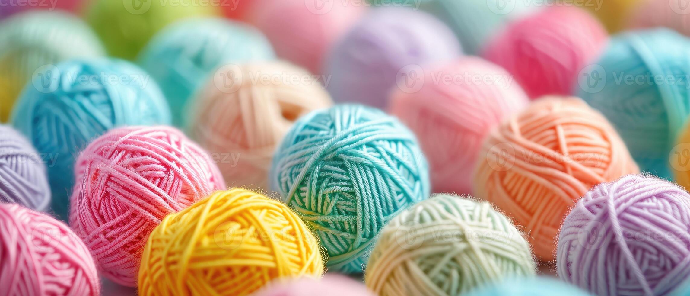 AI generated A captivating abstract backdrop with multicolored yarn balls, creating a warm and inviting knitting-themed background with pastel soft colors, Ai Generated. photo