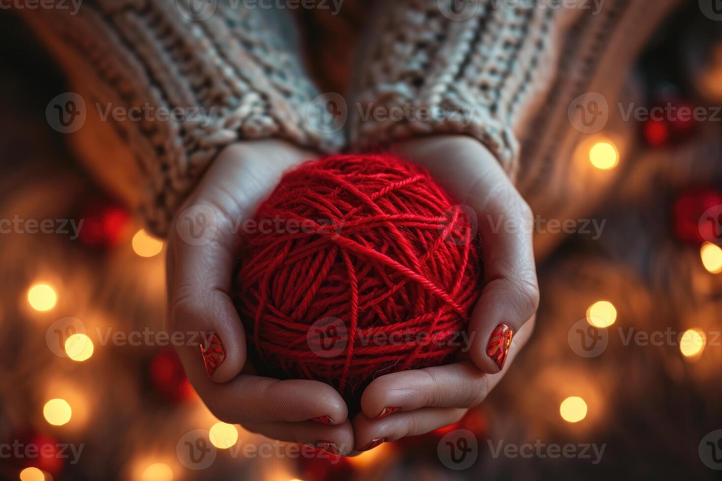 ai generado manos cuna un rojo hilo pelota en un cálido, acogedor ligero configuración, ai generado foto