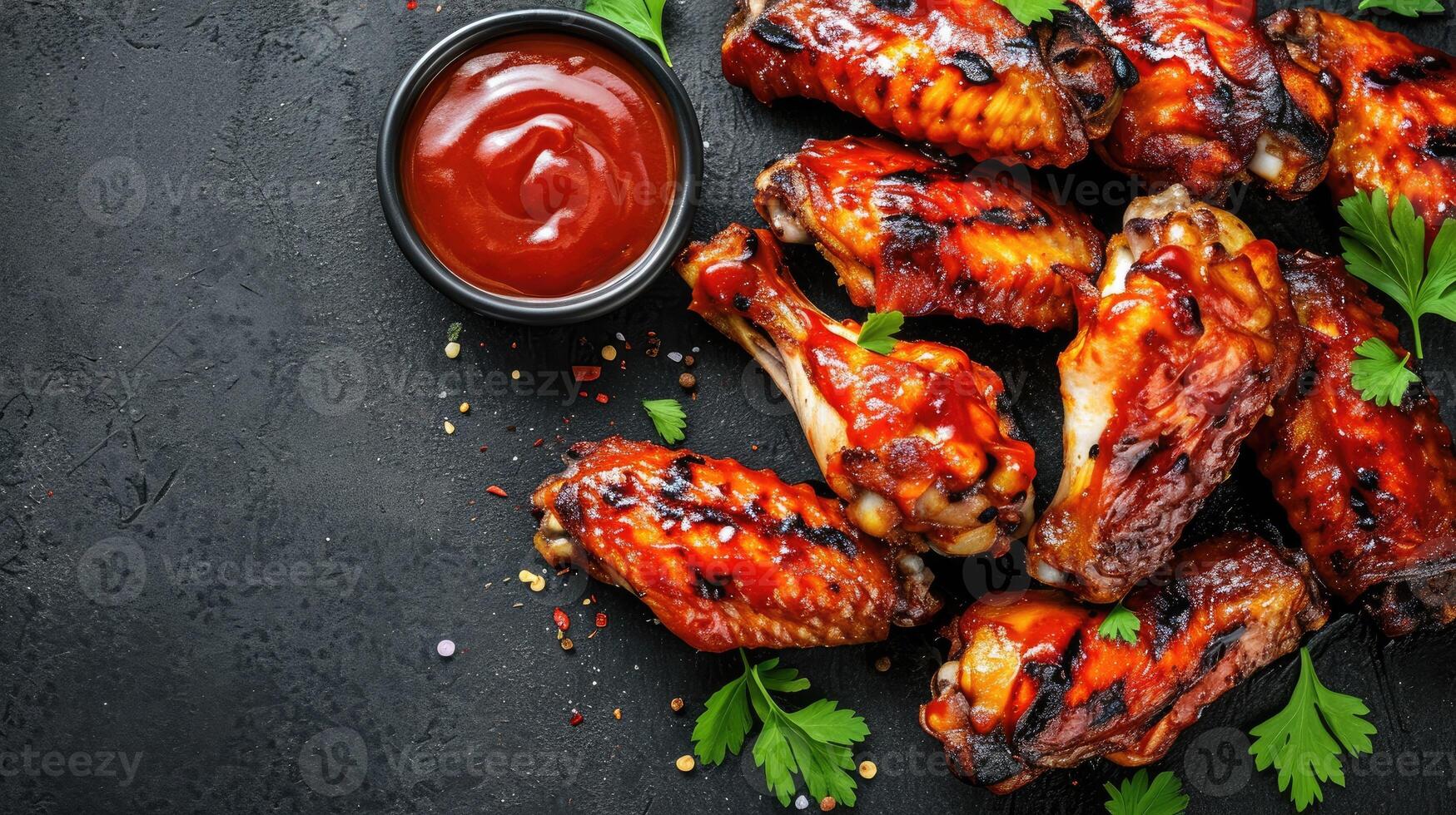 AI generated Delight in the mouthwatering allure of tender grilled chicken wings glazed to perfection, a taste sensation in the shadows, Ai Generated. photo