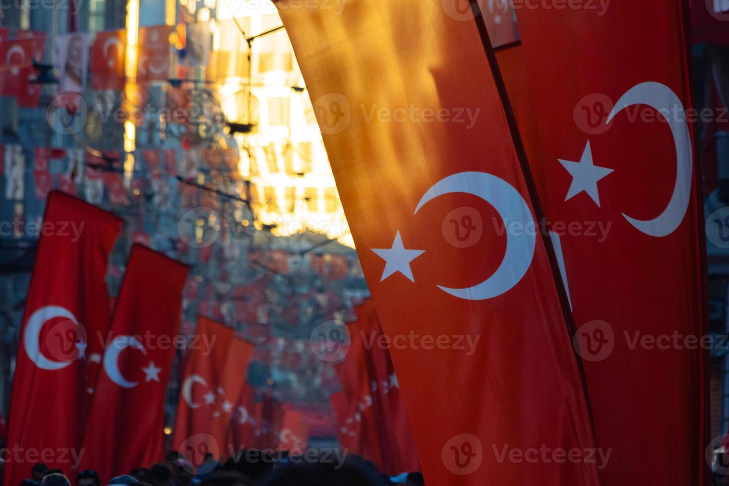 Turkish flags in Istiklal Avenue. National holidays of Turkiye concept photo