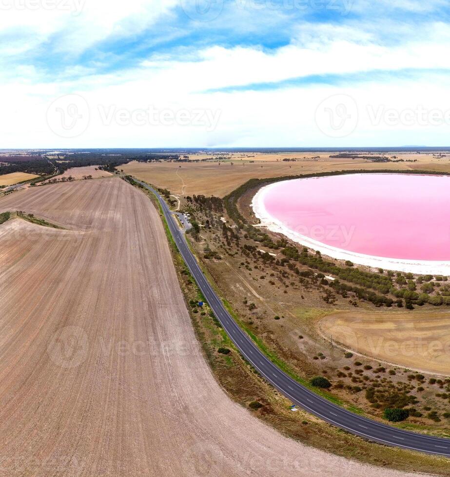 Aerial view of Dimboola pink lake Nature Reserve of western Victoria, Australia,  the Pink Lake gets its vibrant colour from a salt tolerant alga living in the salt crust. photo