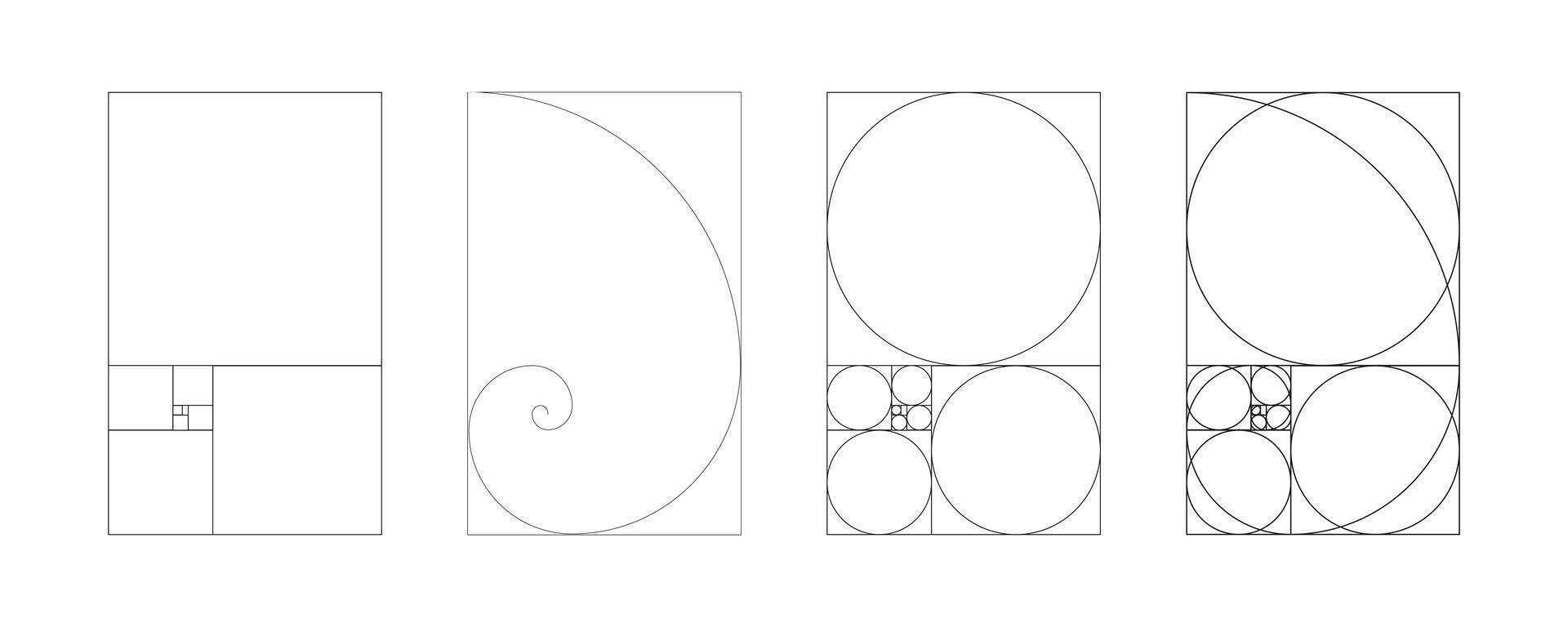 Golden ratio template. Set of harmony squares. Fibonacci array, numbers, fractal. Method golden section, division. Collection of gold proportions frames. Vector outline illustration. Eps.