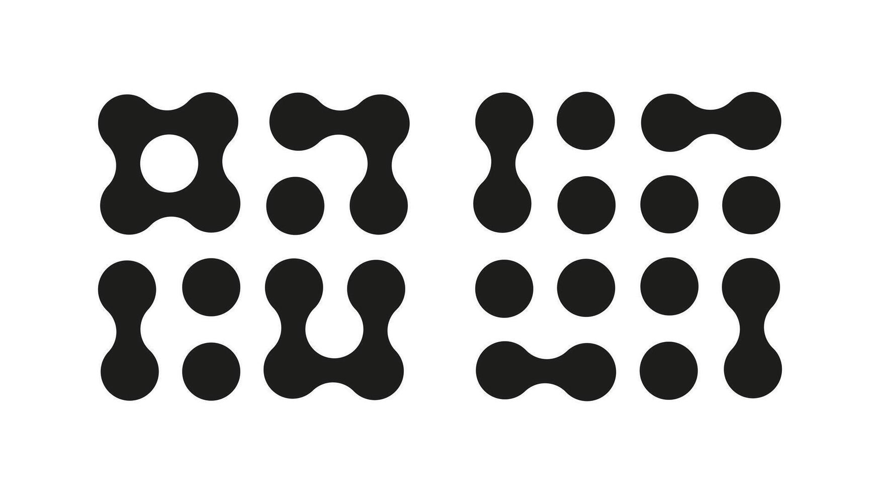 Connected dots vector signs. Innovation abstract symbol. Circles simple organic pattern. Metaball icons. Point movement. Connected blobs. Metaballs transition. Set of flat logos.