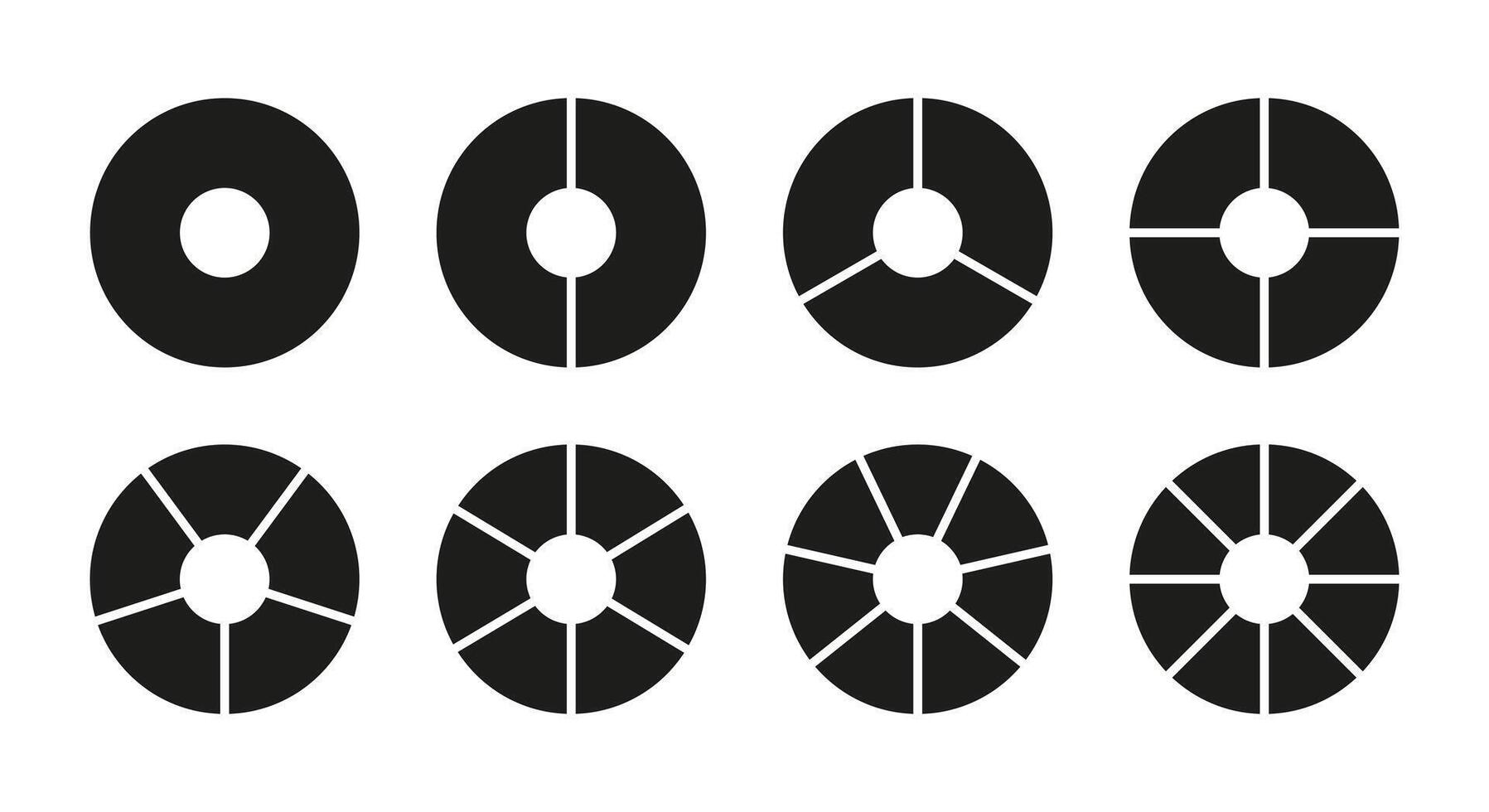circulo división en 1, 2, 3, 4, 5, 6, 7, 8 igual partes. rueda dividido diagramas con uno, dos, tres, cuatro, cinco, seis, Siete, ocho segmentos infografía vector colocar. entrenamiento blanco. circulo sección grafico