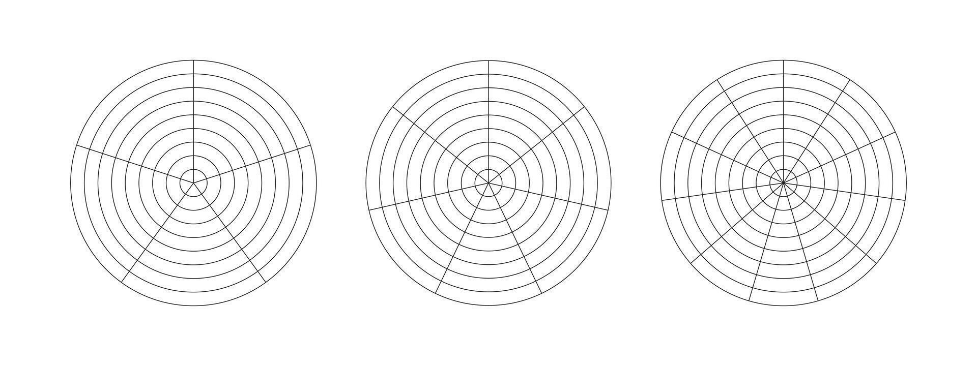 Wheel of life template. Simple coaching tool for visualizing all areas of life. Circle diagrams of life style balance. Polar grid with segments, concentric circles. Blank of graph paper. Vector icon.