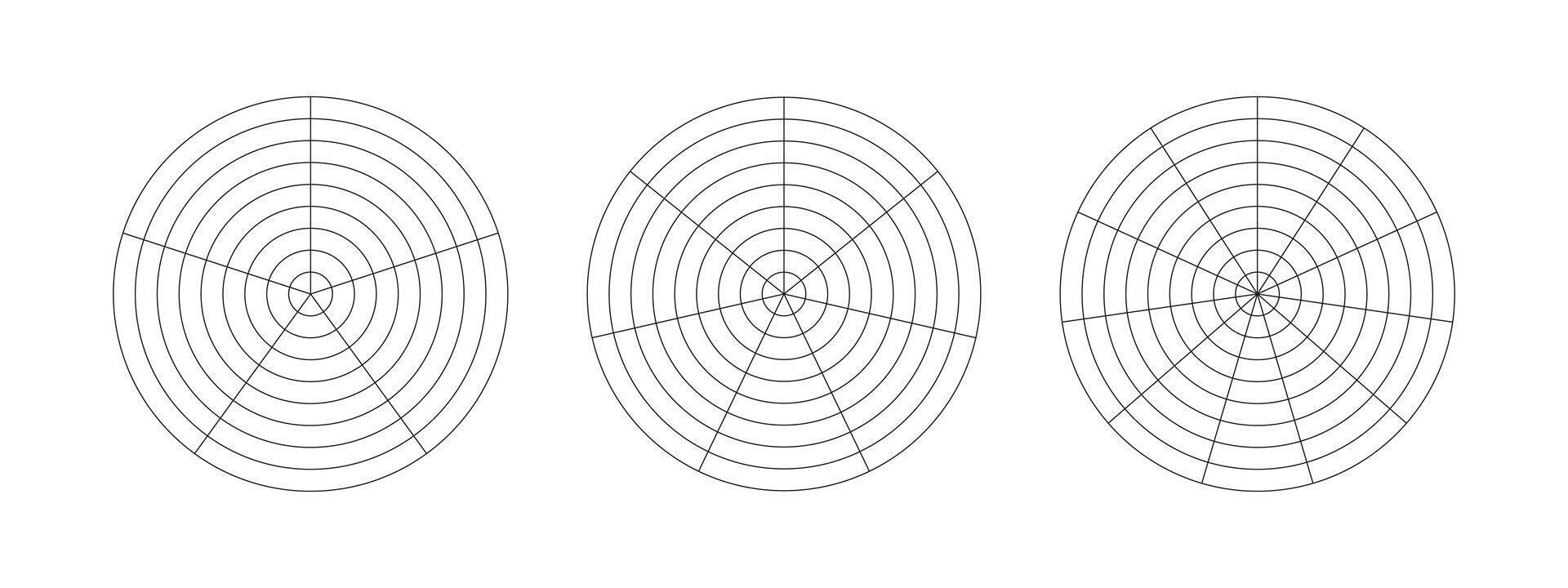 rueda de vida modelo. sencillo entrenamiento herramienta para visualizante todas areas de vida. circulo diagramas de vida estilo balance. polar cuadrícula con segmentos, concéntrico círculos blanco de grafico papel. vector icono.