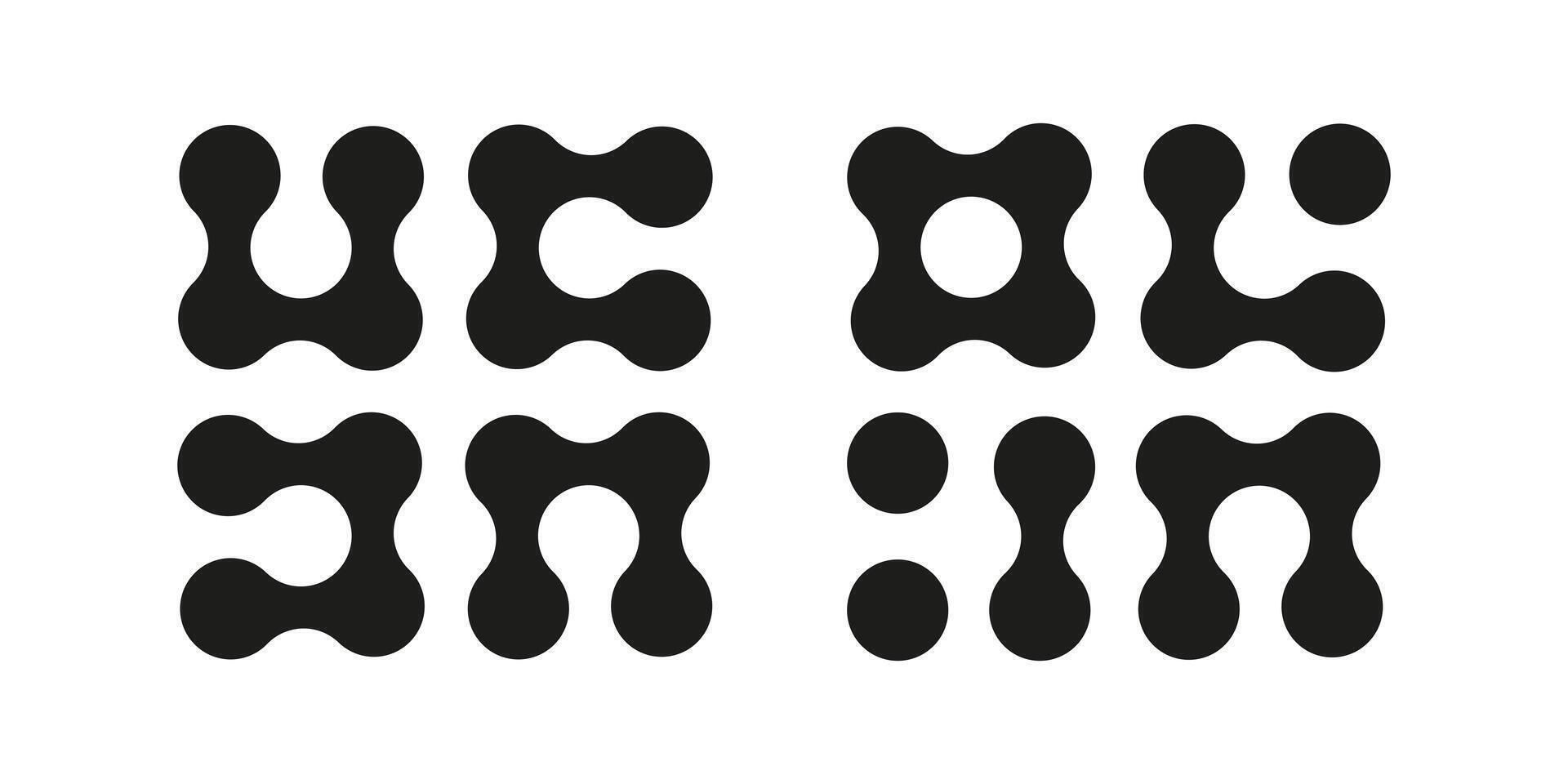 Metaball icons. Connected dots signs. Integration abstract symbol. Circles simple pattern. Point movement. Connected blobs. Metaballs transition. Set of flat logos. Vector graphic illustration.