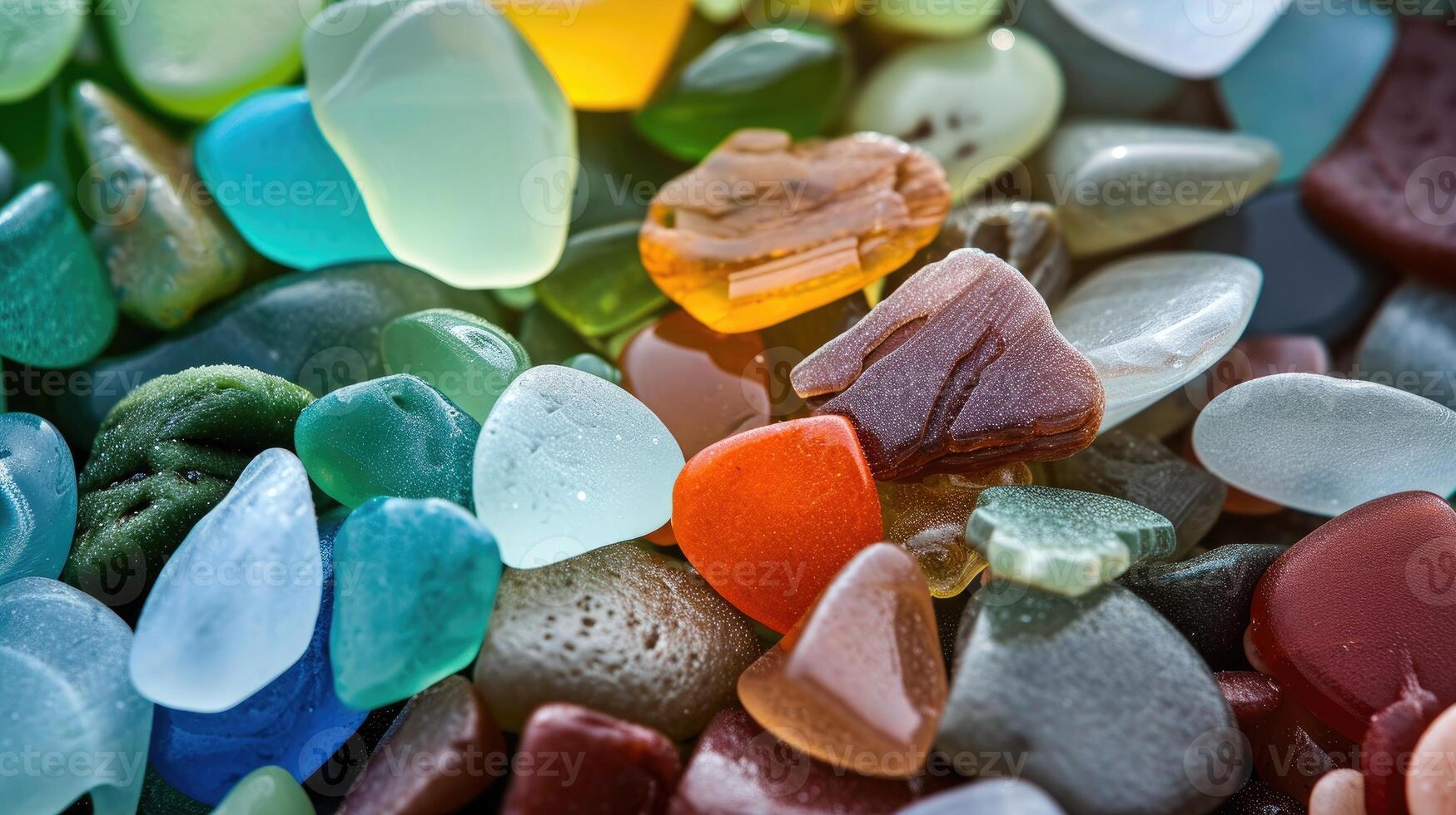 AI generated Sun-kissed, multi-colored sea glass pieces scattered along a sunny beach, Ai Generated photo