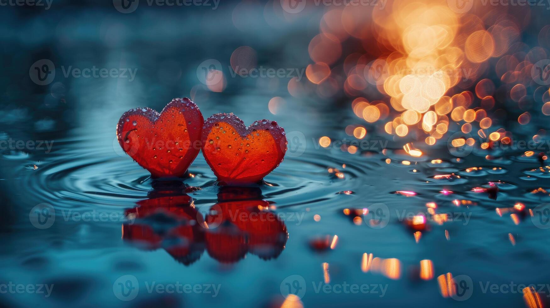 ai generado dos corazones sentado en un acuoso charco, besado por gotas de lluvia. ai generado foto