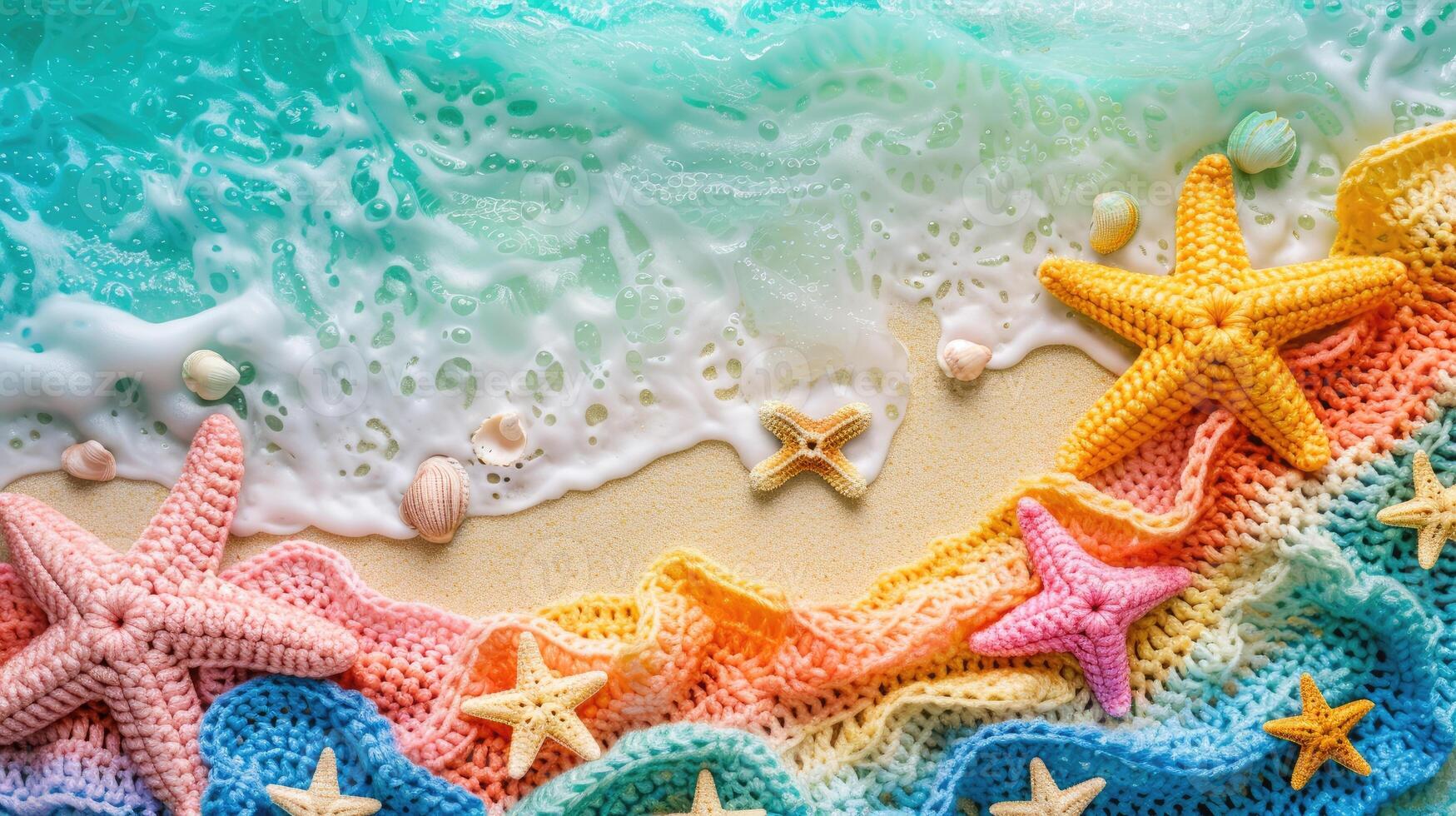 AI generated Crocheted beach toy, vibrant backdrop, handcrafted and adorable, Ai Generated photo