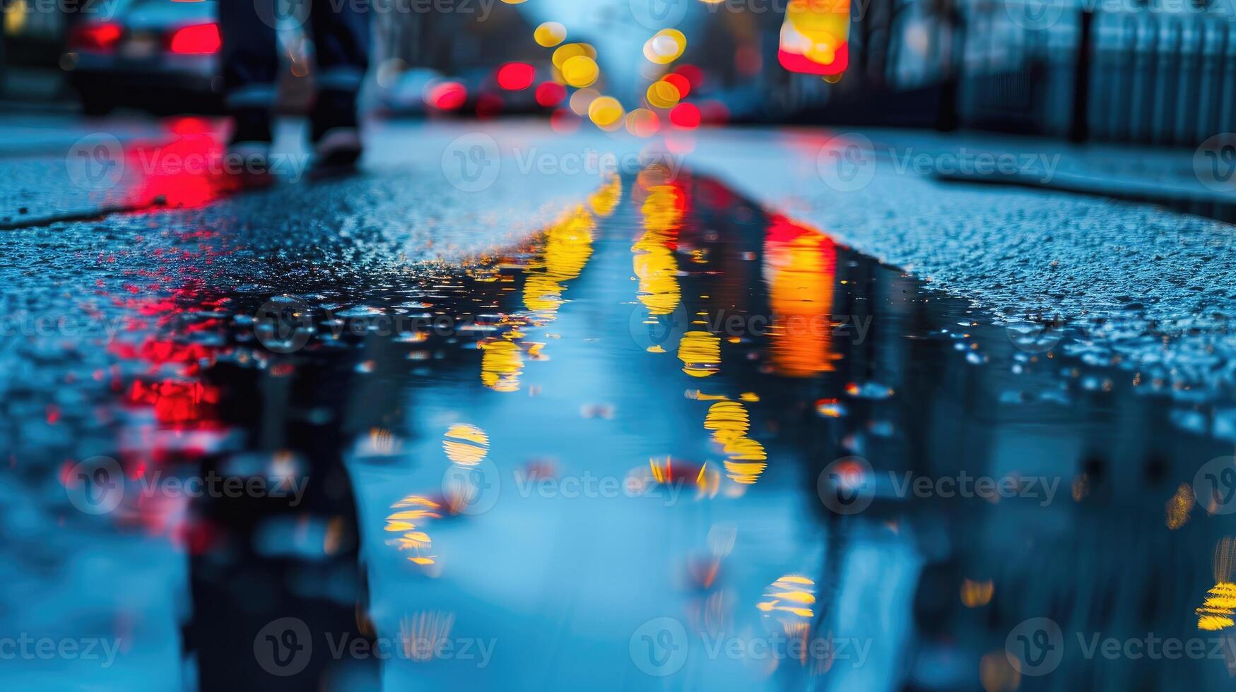 AI generated Capture the essence of a rainy street with a low-angle shot, blurred reflections in puddles, and bokeh background, Ai Generated. photo