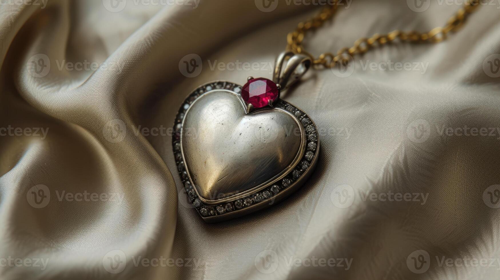 AI generated Diamond and ruby heart pendant on satin, a blend of luxury and romance, Ai Generated photo