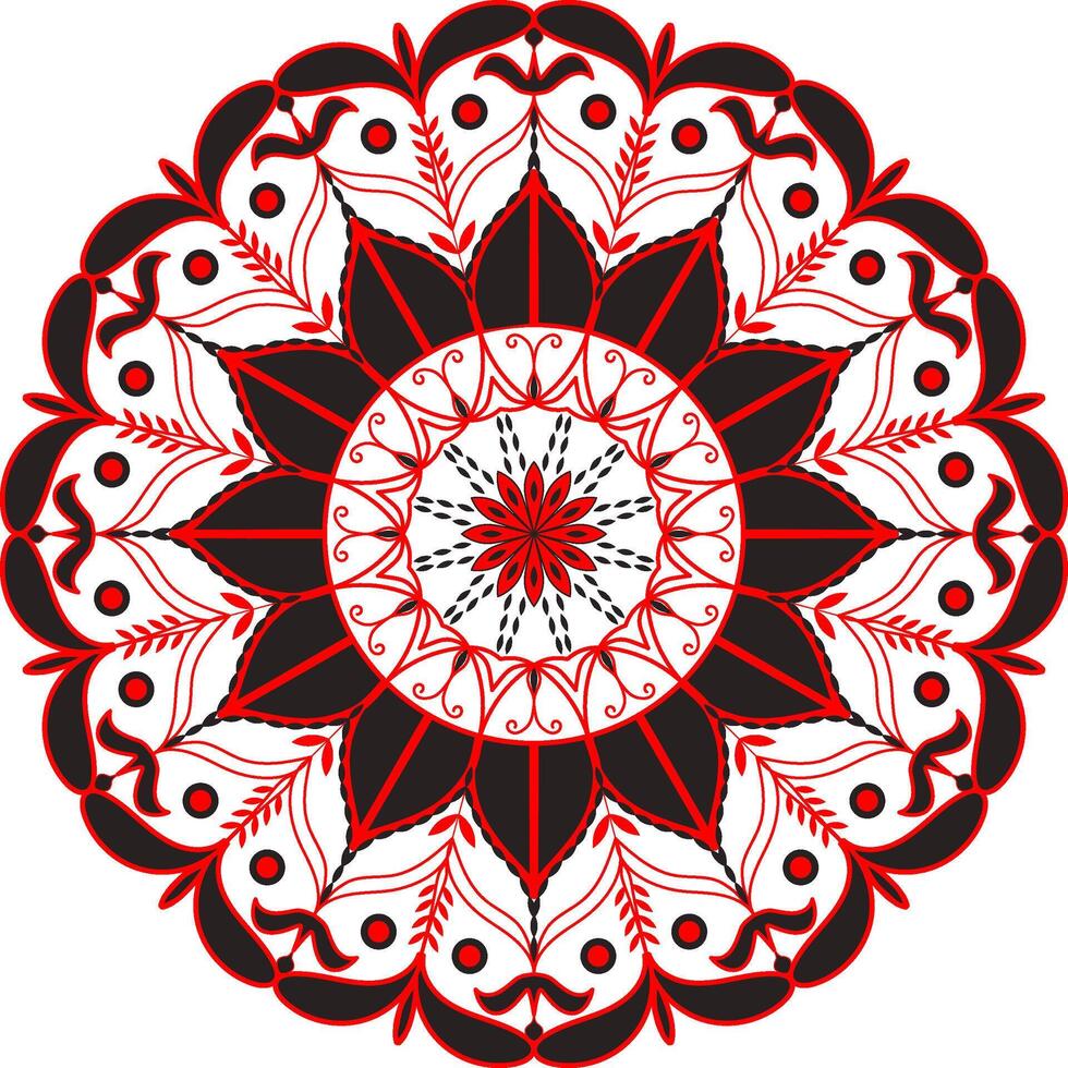 A red and black circular mandala design with a flower vector